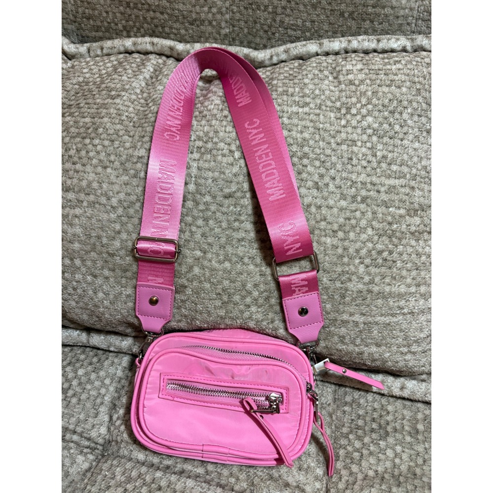 Madden NYC Pink Nylon Crossbody Bag Adjustable Logo Strap Multi Pocket